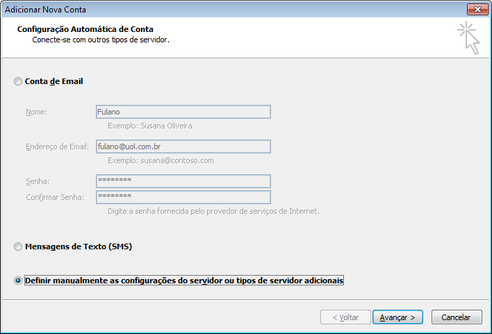 Marque diretamente a opção 'Definir manualmente as configurações do servidor ou tipos de servidor adicionais' e clique em 'Avançar'