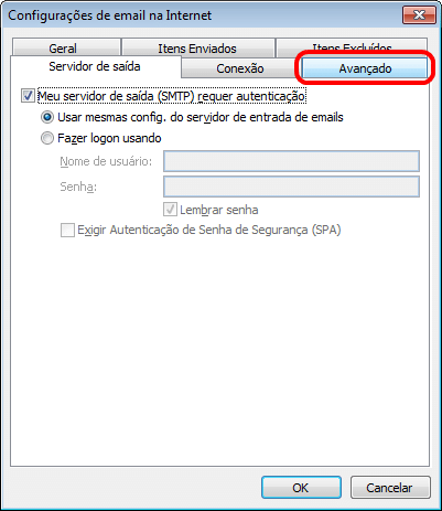 Na janela seguinte, escolha a aba 'Servidor de saída' e marque a opção 'Meu servidor de saída (SMTP) requer autenticação'. Deixe selecionada também a opção 'Usar mesmas config. do servidor de entrada de emails'