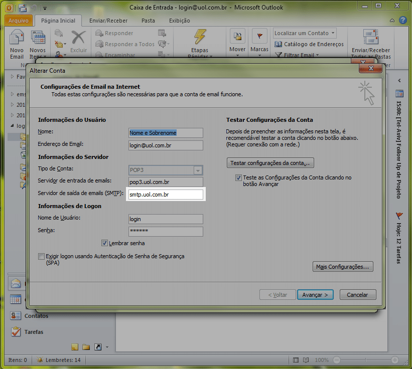 Em 'Servidor de saída de e-mails (SMTP)', altere de smtp.uol.com.br para smtps.uol.com.br, colocando o 's' na frente do smtp.